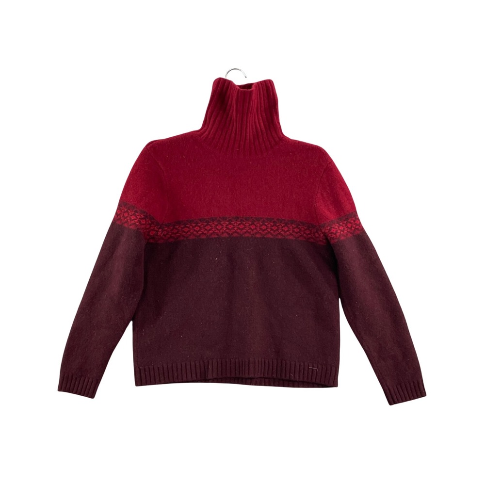 Eddie Bauer Turtleneck Sweater Womens L Red Burgundy Fair Isle 100% Lambswool
